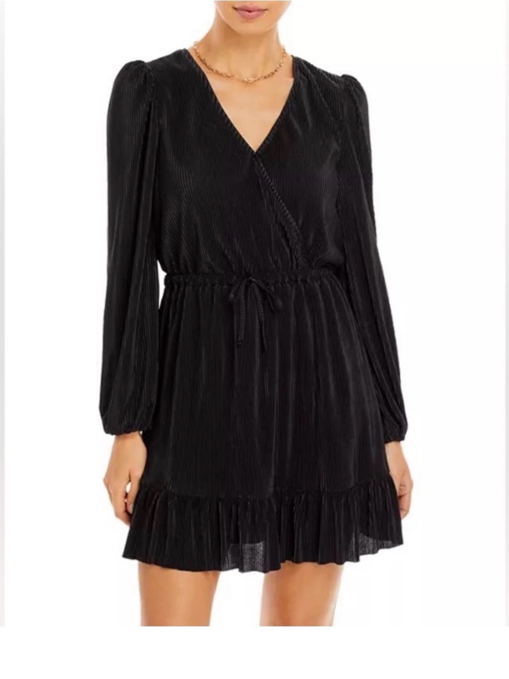 Black V-Neck Ruffle Hem Long Sleeve Dress
